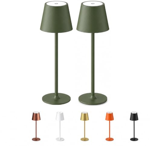 PALUPLUS 2 Lampade da Tavolo Led Senza Fili, Misura 11x11x37cm, Lampada Touch Dimmerabile, 3 Tonalità Bianco, Batteria 5200mHA Ricaricabile USB, Durata 12 ore, per Bar, Ristoranti -004M (Verde Oliva)