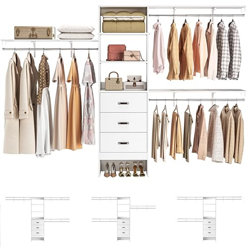 Armocity 120 Inches Closet System, 10FT Walk In Closet Organizer with 3 Shelving Towers, Heavy Duty Clothes Rack with 3 Drawers, Built-In Garment Rack, 120 L x 16 W x 75 H, Max Load 1300 LBS, White