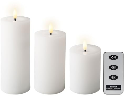 Lumineo LED Kerzen mit Timerfunktion 11-19cm Wachs 3er Set - flackernde Flamme Effekt - Echtwachskerze batteriebetrieben - Wachskerze Stumpenkerze Rustik Weiß Warmweiß