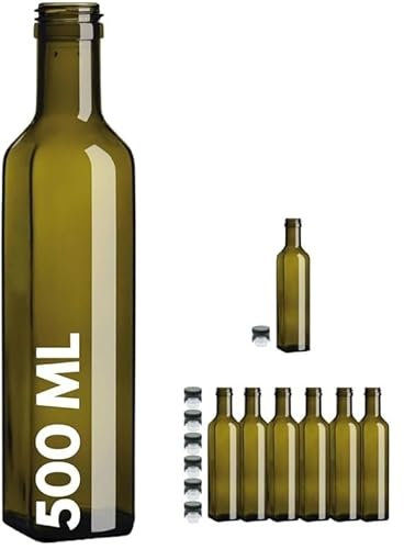 Set di 7 Bottiglie in Vetro Verde da 500 ml, Bottiglie per Olio e Vino con Tappi