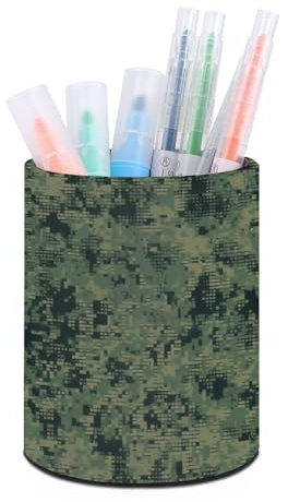 QMNRTK Green Army Digital Camouflage Pen Holder for Desk Leather Pencil Holders Desktop Pen Cup with Non-slip Base Cute Pencil Cup Desk Pen Organizer for Office Home Makeup Brush Holder