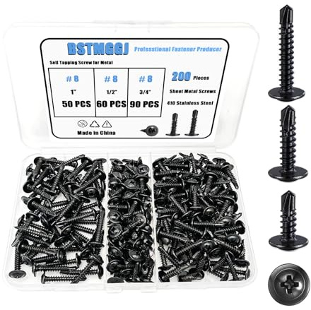 BSTMGGJ 200pcs #8 Black Self Tapping Screws for Metal,410 Stainless Steel Black Sheet Metal Screws Assortment Kit, Black Self Drilling Screws (1/2, 3/4, 1) Modified Truss Head