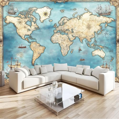 Fototapete Weltkarte Blau Tapete 200x140 cm 3D Vlies Wanddeko Wallpaper Wandtapete Dekoration Study Zimmer Wohnzimmer Restaurant Cafe