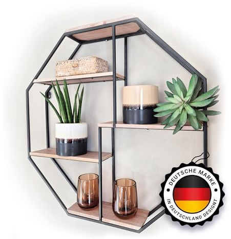 Kyto Wandregal Achteckig 60x60cm Durchmesser, Robustes Oktagon Deko Regal aus Metall Oktagonalform und 5 Holz Ebenen