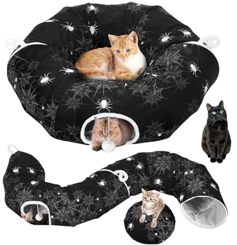 Aliceset Halloween-Katzentunnelbett für Indoor-Katzen, 91 x 91 x 25 cm, faltbarer Katzen-Donut-Tunnel mit waschbarem Kissen, Halloween-Spinne, Haustier, Peekaboo-Höhle, Spielzeug für kleine Kätzchen