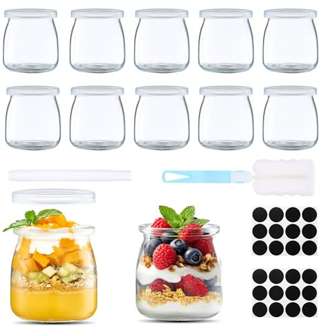 Hejo 12 stycken yoghurtkoppar med lock, 200 ml/7 oz återanvändbara yoghurtburkar med lock, små glasburkar, bärbara klara glasburkar för yoghurt havre krydda sylt