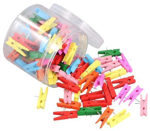 Chinchetas con Clips de Madera, 100 Piezas Clips Chinchetas Tachuelas, Clip de Foto Multiusos de Madera, Pines de Maderas para Tablero de Anuncios de Corcho (B)