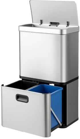 COSTWAY Mülleimer 3 Fächer, 56L Mülltrennsystem inkl. 2 ausnehmbaren Abfallbehältern, 2 x 10L + 36 L, elektrischer Abfalleimer mit Sensor & Softclose-Deckel, für Küche, Büro (Silber)