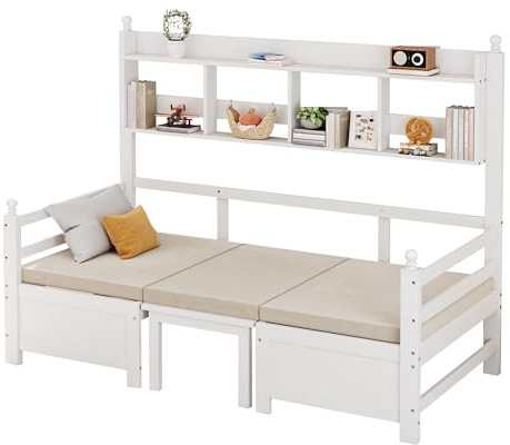 SOFTWEARY Funktionsbett mit Bettfunktion, Liegefläche umbaubar zur Sitzgruppe, Einzelbett mit Regal, Holzbett, Gästebett (weiß, 90x200 cm)