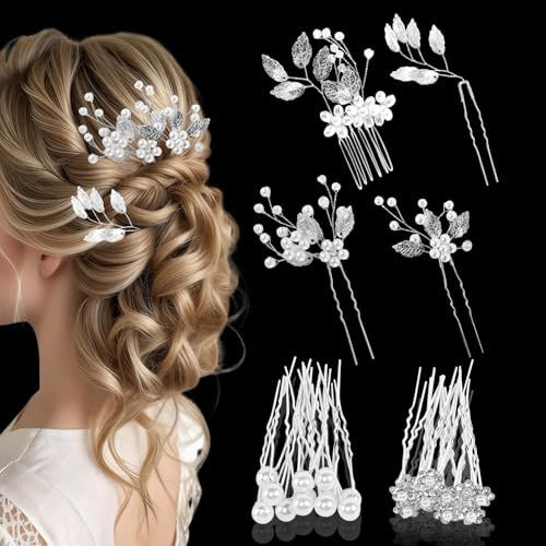 28 PCS Bridal Hair Pins, U Shaped Flower Pins Hair Clips Set Diamante Hair Pins Wedding Hair Accessories for Women, Pearl Rhinestone Hair Accessories for Brides Bridesmaids Girls