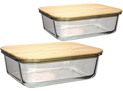LIVINJA Vorratsbehälter Glas Rechteckig 1500 ml, 22x16,5x7,2 cm, 2er Set, mit Holzdeckel, luftdicht, transparent, Lebensmitteldosen für Küche, Meal Prep und Aufbewahrung, wiederverwendbar