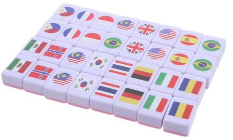 HOODANCOS 64 Stück Mahjong für 2 Spieler mit 24mm Melamin Spielsteinen Nationalflaggen Motiv Tragbares Lernspiel für Familie und Reisen