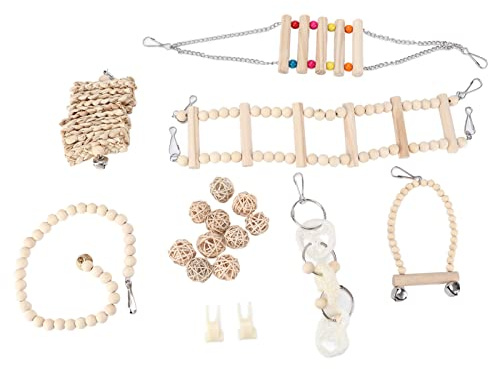 Jxngery Pappagalli Set di Giochi da Masticare Legno Naturale Appeso Amaca Gabbia per Uccelli Altalena Giocattoli per Parrocchetti Cockatiels