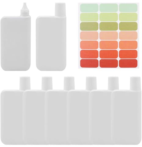 NOPVUFA Botes de Viaje para Líquidos, Juego de 8 Botellas de Plástico PE de 50ml con 21 Etiquetas de Colores, Botes Vacíos Rellenables para Champú, Gel de Ducha, Loción y Cosméticos, Apto para Avión