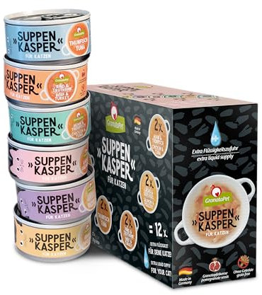 GranataPet Suppenkasper Multipack 6 Sorten, 12 x 70 g, Snacks für Katzen, Leckerchen für extra Flüssigkeitszufuhr, Suppe gegen den kleinen Hunger, Katzenfutter ohne Getreide und ohne Zuckerzusätze