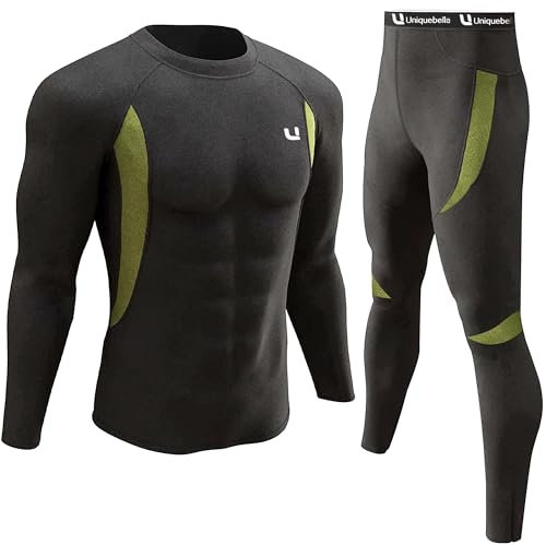 UNIQUEBELLA Thermal Underwear Men Set Long Sleeve Tops Long Johns Thermal Base Layer Bottom Fleece Lined Quick Drying for Workout Skiing Running Hiking, Black 1, XL