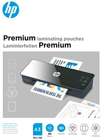 HP Premium Laminierfolien, DIN A3, 80 Micron, glänzend, transparent, zum Heißlaminieren, 50 Stück