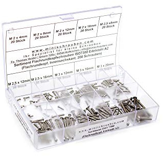 Sortimentskasten mit 200 Stück kleinen Flachrundkopfschrauben nach ISO7380 aus Edelstahl A2 (M2, M2,5 und M3), Sechskantkopf. Minischrauben Sortiment inkl. beschrifteter Box