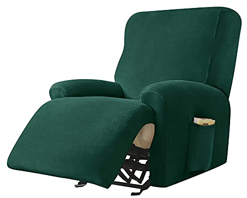 Highdi Copripoltrona Relax Reclinabile Completo 4-Pezzo Fodera per Poltrona Elasticizzato 1 Posto con Tasche, Coprisedile Poltrona Velluto Lavabile Antiscivolo Copripoltrona (Verde scuro)