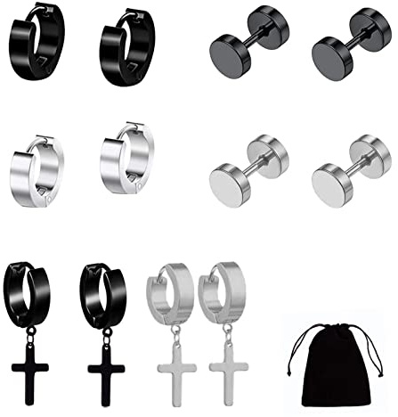 6 Pairs Stud Earrings, Stainless Steel Mens Small Hoop Earrings Ear Piercing Screw Jewelry Barbell Studs Non Pierced Male Earrings Studs Hoop Ear Plugs Huggie Stud Earrings