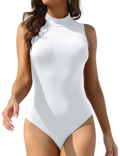 LAOLASI Dam sköldpadda hals ärmlös smal passform bodysuit toppar jumpsuit, 01 vit, M
