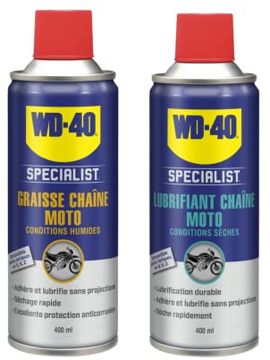 Lot Lubrification Chaîne Moto WD-40 SPECIALIST, Graisse Chaîne Moto 400ml + Lubrifiant Chaine Moto 400ml