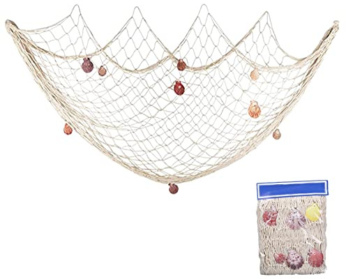 Eabdice Baumwoll Fischernetz, Maritimer Deko Bilderrahmen, Fotowand, DIY Kinderzimmer Wanddekoration Fischernetz, mit Haken und Muscheln, Geeignet für Möbel Wanddekoration(Beige)