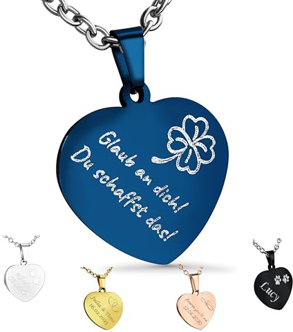 Hanessa Personalisierte Kette mit Gravur Edelstahl 50 cm mit Anhänger Herz in silber - Personalisierte Halskette für Frauen - Personalisierter Schmuck Damen Kettenanhänger