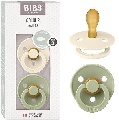 BIBS Colour Symmetrical, Set di 2 ciucci, succhietto senza BPA, Tettarella simmetrica. Lattice di gomma naturale, Prodotto in Danimarca/UE. Misura 2 (6-18 mesi), Ivory/Sage