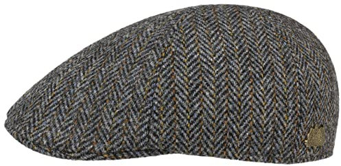 Stetson Texas Harris Tweed Flatcap Klassische Schirmmütze Fischgratmuster Handgefertigt Herren Herbst Winter blau-grau 57 cm