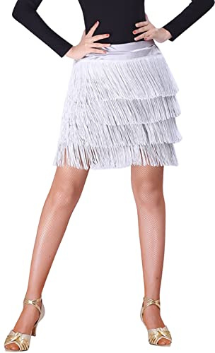 SEAUR Damen Tanzrock Latein Tango Bauchtanz Hüfttuch Fransen Rock Rumba Cha Cha Samba Ballsaal Tanzkleid Silber Grau - S