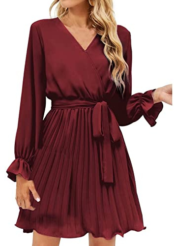 Damen Kleid Langarm Damen Elegant Einfarbig Lange Ärmel V-Ausschnitt Midikleid Pleated Kleid mit Gürtel Festlich Knielang Bodycon Kleid Swing A-Linie Kleid Bequemes Abendkleider Partykleid Ballkleid