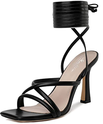 Mostrin Black Strappy Heels for Women Lace Up Heels Tie Up Stiletto High Heeled Sandals Square Open Toe Heels for Prom, Party Size 9.5