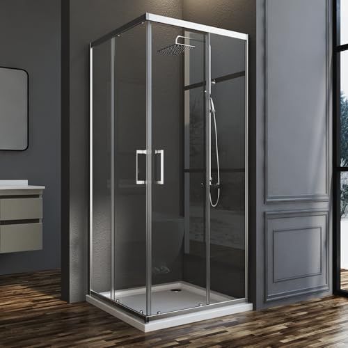 Goezes Duschkabine Eckeinstieg mit Doppel Schiebetüren 75x90x185cm Eckeinstieg Duschkabine Silber Duschabtrennung Dusche Duschwand 6mm ESG Glas, LINKS & RECHTS MONTIERBAR