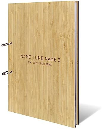 Personalisiertes Hochzeit Gästebuch echtes Holz DIN A4 Hochzeitsbuch mit Lasergravur - Schlicht - mit 72 Blatt / 144 Seiten Naturpapier Weiß