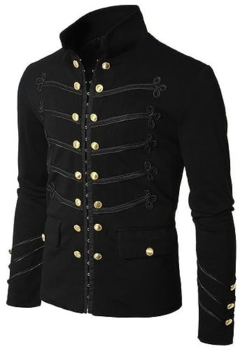 CABULE Chaqueta de desfile militar Steampunk gótica vintage para hombre Túnica ajustada Rock Abrigo militar negro Chaquetas de manga larga para hombre de talla grande-Negro-L