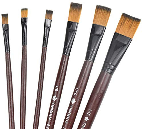 Volumoon Set di 6 Pennelli in Nylon per Acrilico, Acquerello e Pittura ad Olio - Punta Piatta e di Dettaglio per Bambini, Principianti e Adulti