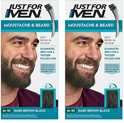 Just For Men Moustache & Beard M45 - Dark Brown Black Dye, Eliminates Grey For a Thicker & Fuller Look With An Applicator Brush Included – M45 (Pack of 2)