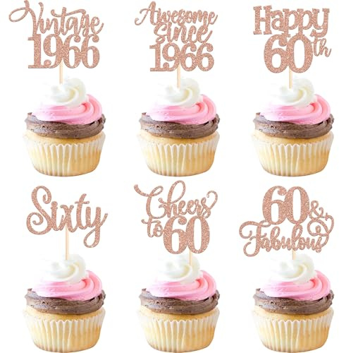 SYKYCTCY 30 Pack Happy 60th Birthday Cupcake Toppers Glitter Sixty 60 Fabulous Vintage 1966 Cupcake Picks Cheers to 60 Years for 60th Birthday Anniversary Party Cake Decorations Supplies