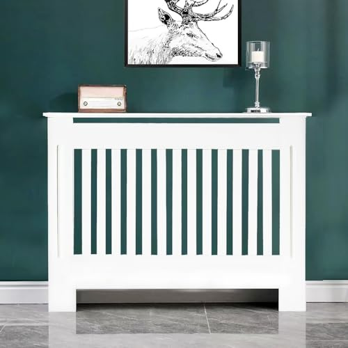 AUTOFU Radiator Cover White Small Radiator Cover Modern Painted MDF Wood Cabinet Vertical Slatted Grill Radiator Shelf for Living Room Bedroom Hallway - H: 82 / W: 78 / D: 19 cm