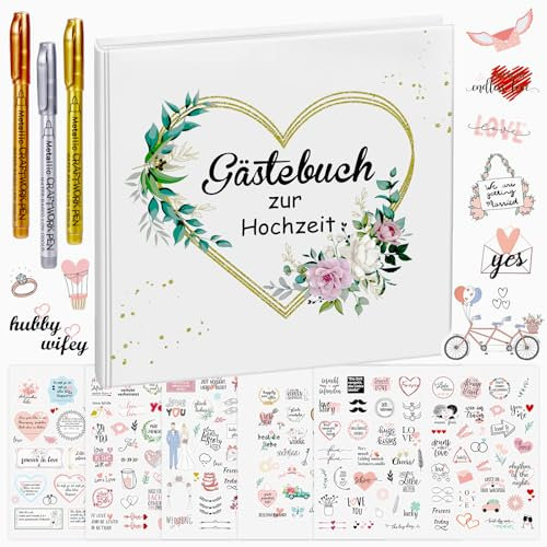 FHzytg Gästebuch Hochzeit Set, 120 Seiten Blanko Hochzeitsgästebuch + DIY Sticker für die Hochzeit + 3 Metallic Stifte, Gästebücher für Hochzeit, Eukalyptus Hochzeitsbuch, Hochzeitsalbum Brautpaar
