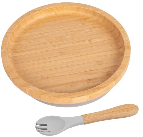 Tiny Dining 2pc Grau Bambus-Runde-Baby-Entwöhnungsteller & Gabelsatz - Hölzern Geteilt Kleinkind Kinder Essen Fütterung Tablett - Silikon Saugnapf