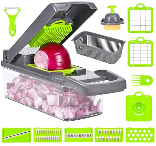 Multifuncional Cortador Verduras，16 En 1ortadora de Verduras Acero Inoxidable, Mandolina de Cocina Profesional con 7 Cuchillas, Picador de Verduras para Cebolla, Tomates, Patatas