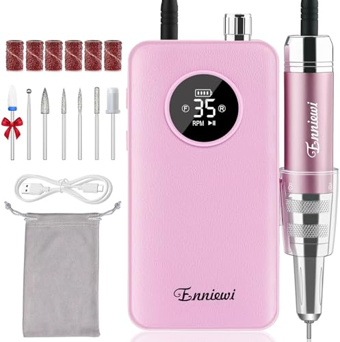 Enniewi Nagelfräser 35000RPM für Gelnägel, Wiederaufladbarer Elektrischer Nagelfräser mit LED-Anzeige, Tragbar, Geräuscharm, Professionelles Maniküre- und tragbares nagelfräser klein, 48W, Rosa