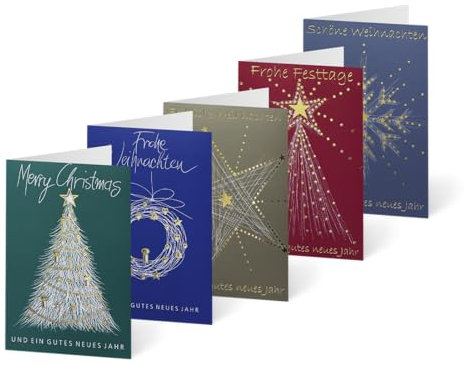 Unicef Weihnachtskarten Set (10 St., 5 Motive) Skizzierte Weihnachtssymbole Spendenkarten -Goldfolie Premium Klappkarten inkl. Briefumschlag - hochwertige Grußkarten made in Germany 17,5x11,7 cm