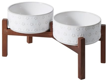 SPUNKYJUNKY Hundskål keramisk matskål upphöjd matskål med akaciaträstativ för medelstora och stora hundar (18,5 cm)