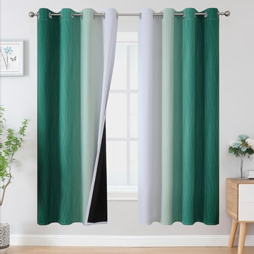 VEHEDE Farbverlauf Ombre Verdunklungsvorhänge mit Ösen, Gardinen Blickdicht Dicke Thermogardine Kälteschutz warm Hitzeschutz, Vorhänge Wohnzimmer, H 183 x B 132 cm, Dunkelgrün und Weiß, 2er Set