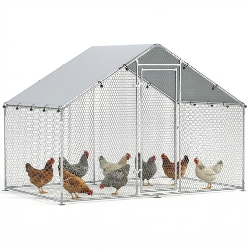 PawHut Enclos poulailler, Grand poulailler 5,1 m², enclos Poule avec Couverture imperméable et Anti-UV, Porte verouillable, Cage en Acier galvanisé, volière pour 5-8 Poules, 3 x 1,7 x 1,9m, argenté