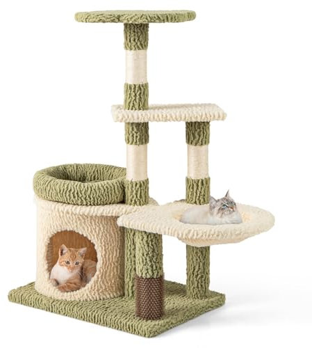 GOPLUS 97 cm Kratzbaum, Katzenbaum mit oberer Liegefläche, Katzenwohnung, seitlichem Korb, Selbstpflegebürste, Sisal-Kratzstämmen, gepolstertem Kissen, Indoor Aktivitätszentrum für Katzen