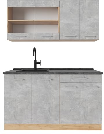 Vicco Single küche R-Line, Beton/Goldkraft Eiche, 140 cm | 4 Module · Höhenverstellbare Füße · AP Anthrazit inkl. · Robuste Fronten · Mit Glasschrank · Frei kombinierbar